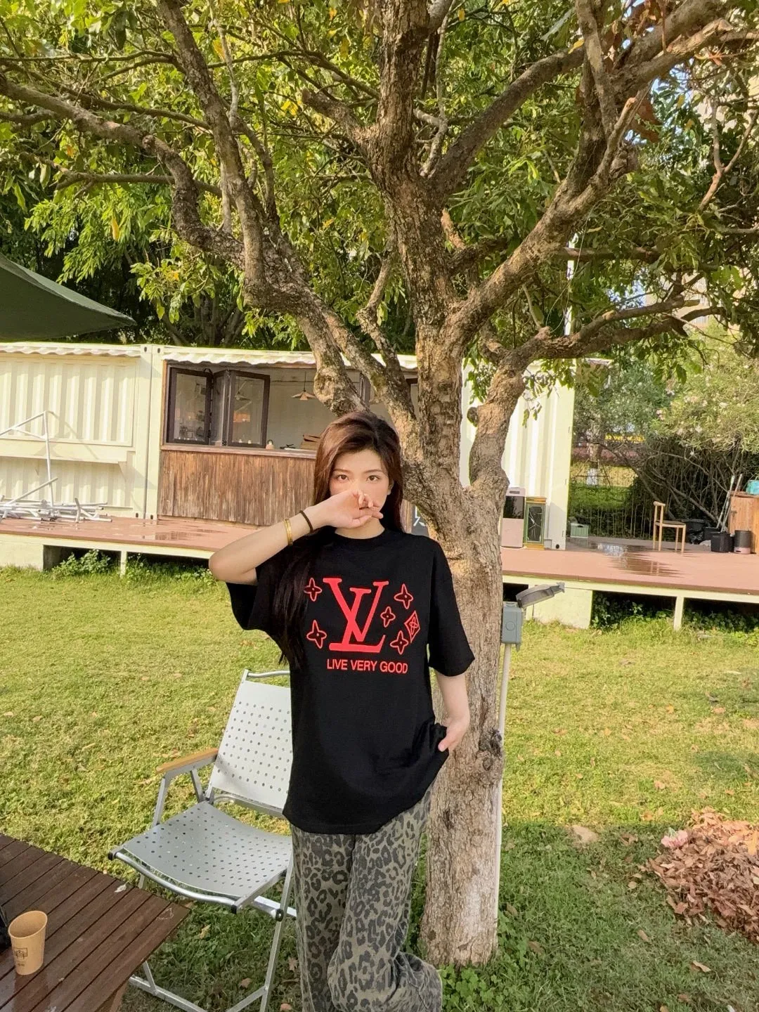Louis Vuitton/Louis Vuitton 25ss presbyopic letter logo foam printed short sleeves